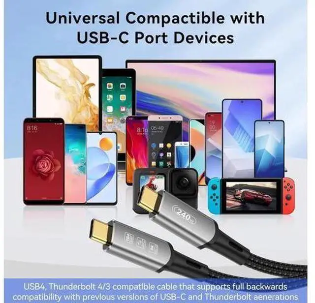 Alt view image 3 of 7 - Aomoproing USB 4 Cable 3.3Ft, 240W USB C Cable for Thunderbolt 4, iPhone 15Pro/15ProMax, iPad Pro, Laptop, Tablet, Smartphone, External Monitor (USB4, 3.3ft - 240W)