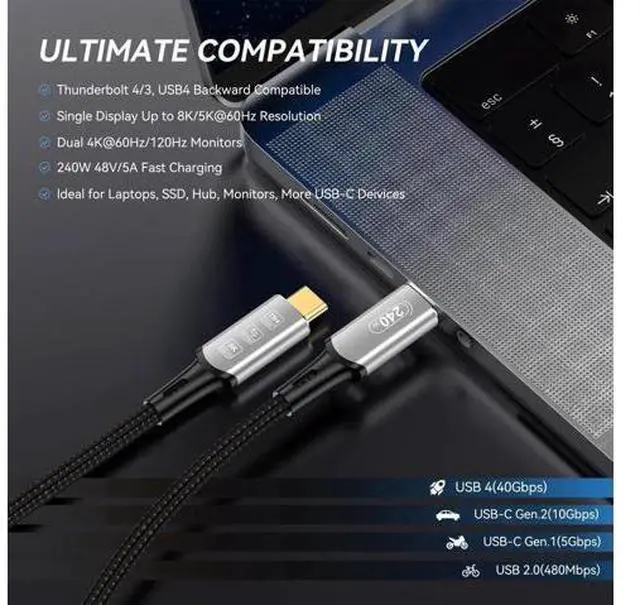 Alt view image 6 of 7 - Aomoproing USB 4 Cable 3.3Ft, 240W USB C Cable for Thunderbolt 4, iPhone 15Pro/15ProMax, iPad Pro, Laptop, Tablet, Smartphone, External Monitor (USB4, 3.3ft - 240W)