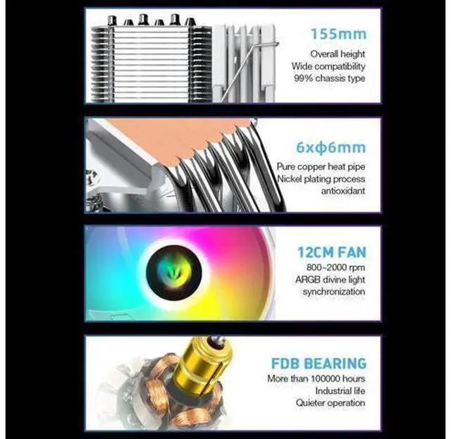 Alt view image 2 of 7 - AS600 6 Heat Pipes CPU Cooler Fan Radiator 4 Pin PWM 5V 3PIN ARGB AURA SYNC CPU Cooling Fan For Intel LGA1700 AM5