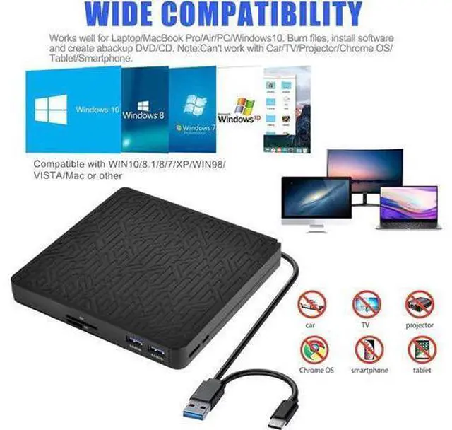 Alt view image 3 of 6 - External DVD Drive, USB3.0/Type-C DVD CD ROM +/-RW Player for Laptop, Optical Disk Burner with Hub, 2 USB 3.0 Port, SD/TF Port, Micro USB Type C Cord for PC Desktop Mac Book Windows 10/8/7 Linux OS