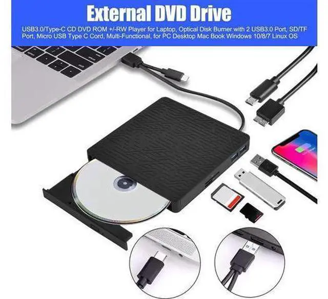Alt view image 5 of 6 - External DVD Drive, USB3.0/Type-C DVD CD ROM +/-RW Player for Laptop, Optical Disk Burner with Hub, 2 USB 3.0 Port, SD/TF Port, Micro USB Type C Cord for PC Desktop Mac Book Windows 10/8/7 Linux OS