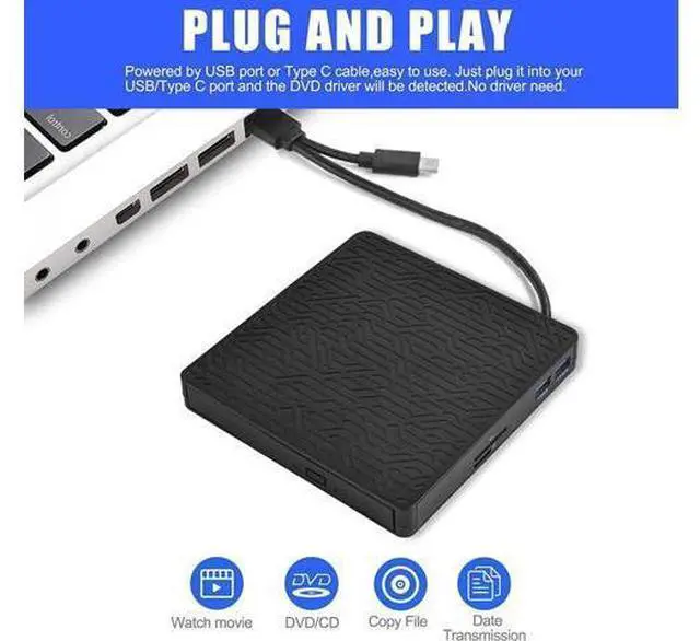Alt view image 6 of 6 - External DVD Drive, USB3.0/Type-C DVD CD ROM +/-RW Player for Laptop, Optical Disk Burner with Hub, 2 USB 3.0 Port, SD/TF Port, Micro USB Type C Cord for PC Desktop Mac Book Windows 10/8/7 Linux OS