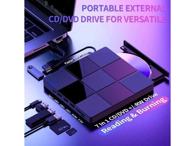 Alt view image 7 of 7 - External CD/DVD Drive for Laptop, 7 in 1 USB 3.0 Type C Ultra-Slim Portable CD/DVD Player Burner, with 4 USB Ports&SD TF Card Slot, Optical Drive Compatible with Windows 11/10/8/7, Linux, MacOS