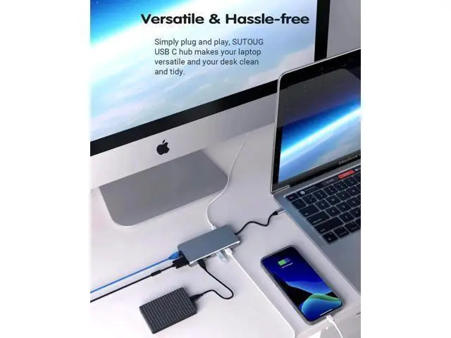 Alt view image 2 of 7 - USB C Type-C Hub Adapter Docking Station with 2 HDMI 4K VGA 1000Mbps Ethernet 100W PD Audio 12 in 1