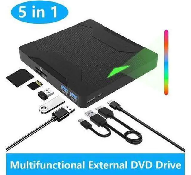 Main image of 5 in 1 External CD DVD Drive with 2 USB Ports and SD/TF Card Slots, Type-C USB 3.0 Portable CD/DVD Disk Drive Player Burner Reader Writer for Laptop Desktop PC Windows 11/10/8/7/XP Linux, MacOS