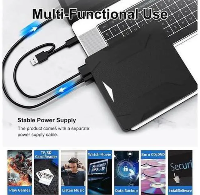 Alt view image 3 of 7 - 5 in 1 External CD DVD Drive with 2 USB Ports and SD/TF Card Slots, Type-C USB 3.0 Portable CD/DVD Disk Drive Player Burner Reader Writer for Laptop Desktop PC Windows 11/10/8/7/XP Linux, MacOS