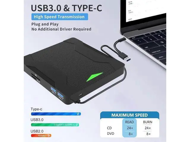 Alt view image 6 of 7 - 5 in 1 External CD DVD Drive with 2 USB Ports and SD/TF Card Slots, Type-C USB 3.0 Portable CD/DVD Disk Drive Player Burner Reader Writer for Laptop Desktop PC Windows 11/10/8/7/XP Linux, MacOS