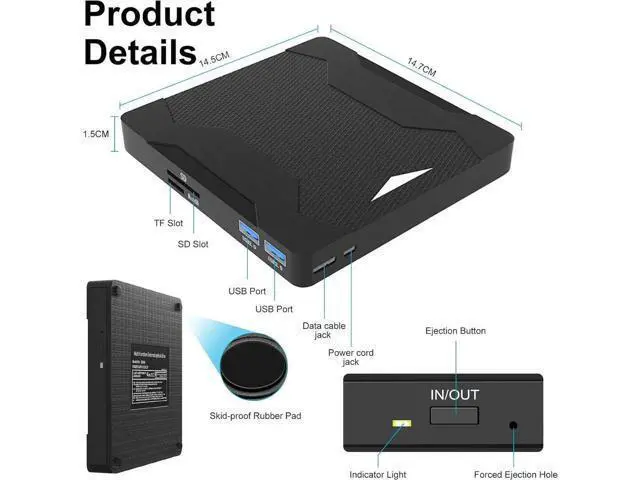 Alt view image 7 of 7 - 5 in 1 External CD DVD Drive with 2 USB Ports and SD/TF Card Slots, Type-C USB 3.0 Portable CD/DVD Disk Drive Player Burner Reader Writer for Laptop Desktop PC Windows 11/10/8/7/XP Linux, MacOS