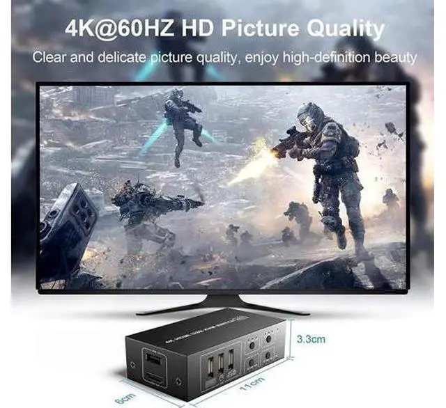 Alt view image 3 of 7 - HDMI KVM Switch 4 Port, HDMI USB Switch 4 In 1 Out KVM Switch Box 4K@60Hz for 4 PC Computers Share Monitor Keyboard And Mouse With 4 USB Cables 1 Switch Cable 1 Power Cable