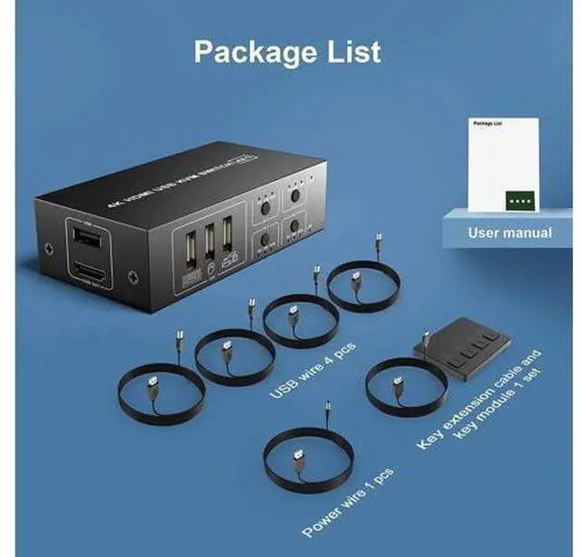 Alt view image 6 of 7 - HDMI KVM Switch 4 Port, HDMI USB Switch 4 In 1 Out KVM Switch Box 4K@60Hz for 4 PC Computers Share Monitor Keyboard And Mouse With 4 USB Cables 1 Switch Cable 1 Power Cable