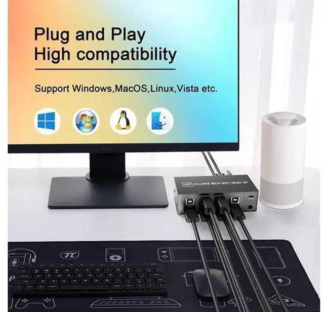 Alt view image 7 of 7 - HDMI KVM Switch 4 Port, HDMI USB Switch 4 In 1 Out KVM Switch Box 4K@60Hz for 4 PC Computers Share Monitor Keyboard And Mouse With 4 USB Cables 1 Switch Cable 1 Power Cable