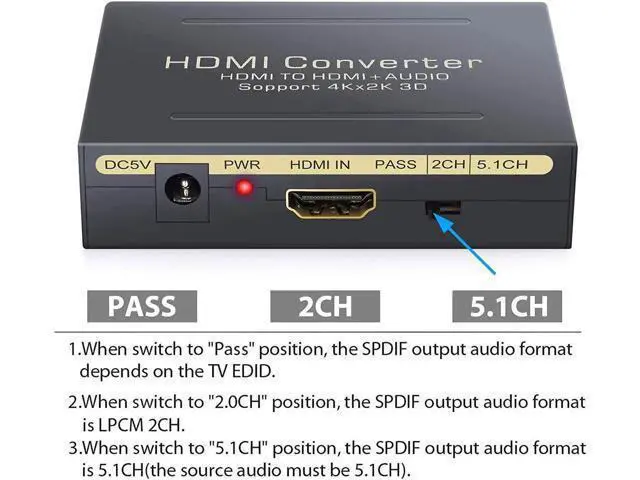 Alt view image 7 of 7 - 4K HDMI Audio Extractor V1.4 HDMI to HDMI + Optical TOSLINK SPDIF + Analog RCA L/R Stereo Audio Video Spiltter Adapter Converter for Apple TV Blu-ray Player