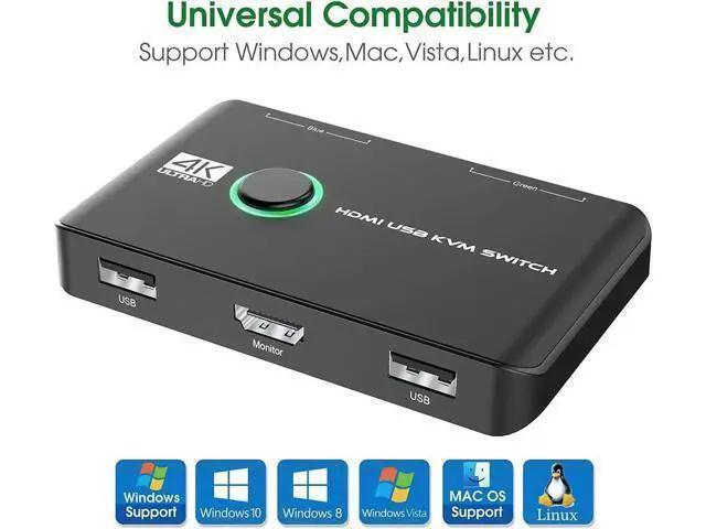 Alt view image 2 of 7 - 4K HDMI USB KVM Switch 2 Port Box, USB HDMI-Compatible Switches for 2 Computers Share Keyboard Mouse Printer and one HD Monitor, Support 4K @60Hz, with 2 USB Cables and 2 HDMI-Compatible Cables