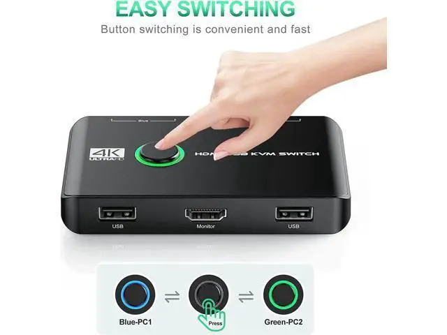 Alt view image 3 of 7 - 4K HDMI USB KVM Switch 2 Port Box, USB HDMI-Compatible Switches for 2 Computers Share Keyboard Mouse Printer and one HD Monitor, Support 4K @60Hz, with 2 USB Cables and 2 HDMI-Compatible Cables