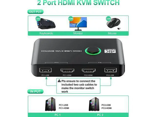 Alt view image 4 of 7 - 4K HDMI USB KVM Switch 2 Port Box, USB HDMI-Compatible Switches for 2 Computers Share Keyboard Mouse Printer and one HD Monitor, Support 4K @60Hz, with 2 USB Cables and 2 HDMI-Compatible Cables