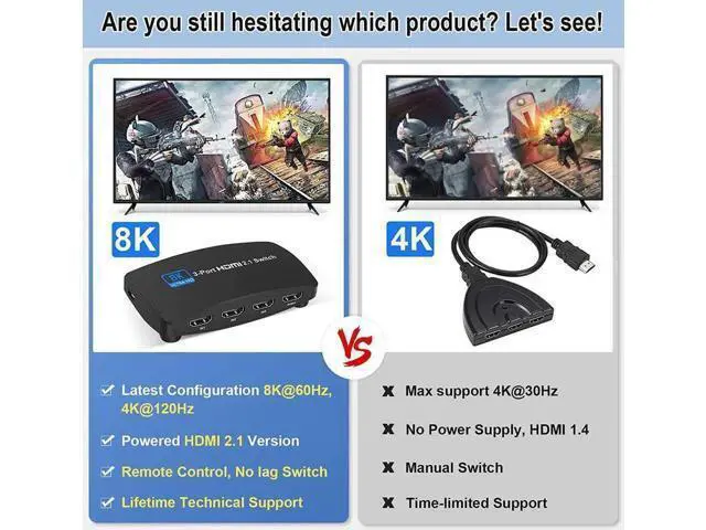 Alt view image 7 of 7 - 8K@60Hz HDMI 2.1 Switch, HDMI Switch 3 in 1 Out, 3-Port HDMI Switcher Selector, Supports 4K@120Hz, 1080P@240Hz, 1080P@120Hz for Fire Stick, HDTV, PS4/5, Game Consoles with Remote Control