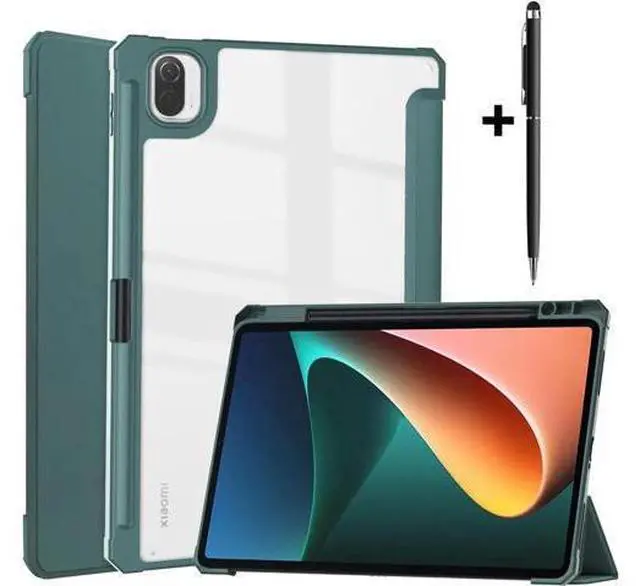 Main image of Case For Xiaomi Pad 5 / Pad 5 Pro 11 Inch, Transparent Hard Back Cover Trifold Smart Stand Cover with Pen Holder, Stylus Pen, Auto Wake/Sleep Dark Green