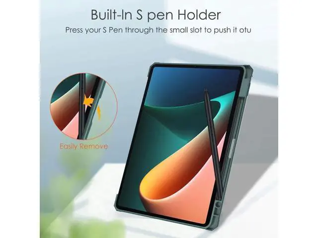 Alt view image 4 of 7 - Case For Xiaomi Pad 5 / Pad 5 Pro 11 Inch, Transparent Hard Back Cover Trifold Smart Stand Cover with Pen Holder, Stylus Pen, Auto Wake/Sleep Dark Green