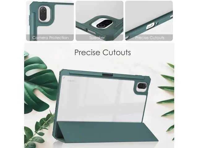 Alt view image 6 of 7 - Case For Xiaomi Pad 5 / Pad 5 Pro 11 Inch, Transparent Hard Back Cover Trifold Smart Stand Cover with Pen Holder, Stylus Pen, Auto Wake/Sleep Dark Green