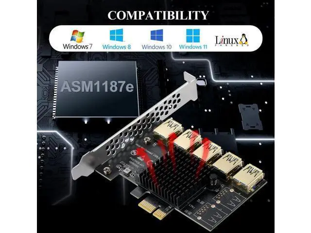 Alt view image 3 of 6 - Aomoproing PCI-E 1 to 5 USB Slots Riser Card - Higher Stability USB 3.0 Adapter Multiplier Card for Bitcoin Mining Compatible with Windows Linux Mac