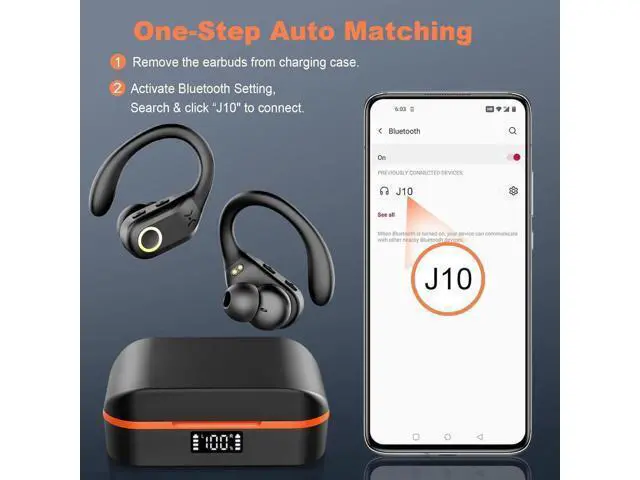 Alt view image 2 of 7 - Wireless Earbuds Bluetooth 5.3 Headphones Stereo Bass, ENC Noise Cancelling Mic HD Call, Over Ear buds with Soft Earhooks for Sports, 48H Playtime LED Display, IP7 Waterproof Earphones for Android IOS