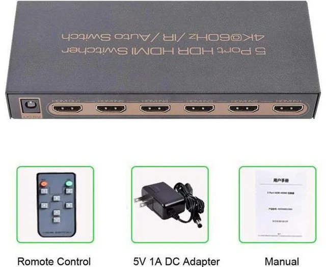 Alt view image 3 of 14 - 4K @60Hz Premium 5 Port HDMI Switch with Remote, 5 in 1 Out 4Kx2K HDMI Auto Switcher, 5x1 HDMI Switch Support UHD, HDR10, Dolby Vision, Atmos, YCbCr 4:4:4, HDCP2.2 and CEC (with US Power Adapter)