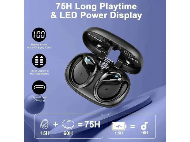 Alt view image 2 of 7 - Wireless Earbuds, 75Hrs Bluetooth 5.4 Headphones, Bluetooth Earbuds with ENC Noise Canceling Mic, Bass Stereo Wireless Earphones, IP7 Waterproof Over Ear Buds with Earhooks for Running/Workout