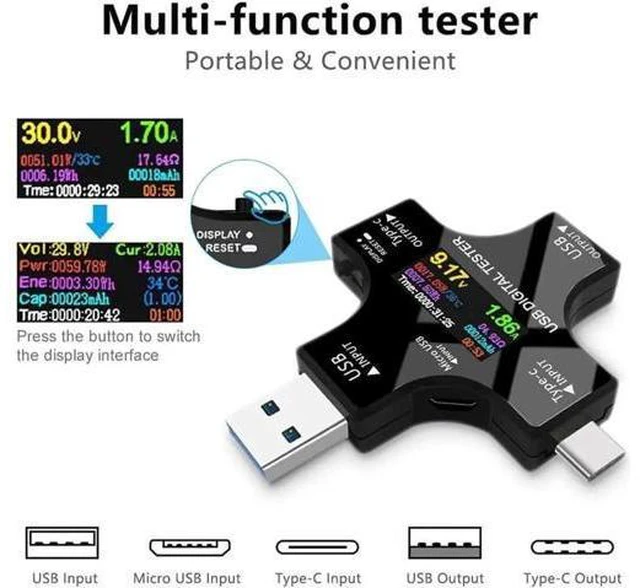 Alt view image 5 of 7 - USB Power Meter Testers, Electop Upgrade Multi Functional 2 in 1 Type C USB Tester, LCD Digital Multimeter, Voltage,Current, Power Capacity, Temperature, Working Time Detector (Pack with OTG Adapter)