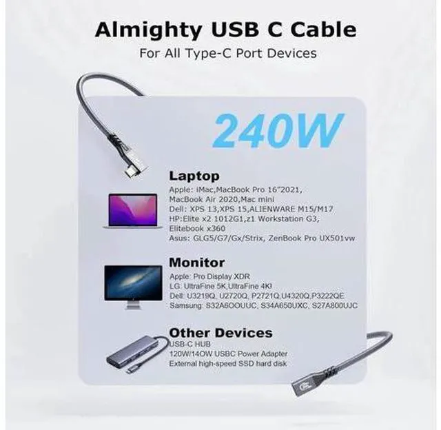 Alt view image 6 of 7 - Aomoproing Long USB C 3.2 Cable Gen-2 240W Charging Extension 5m 16.5ft 90' Elbow Thunderbolt 3 Male to Female Data Transfer 20Gbps 48V/5A Type-C Video 4K Compatible with MacBook M1/M2/M3