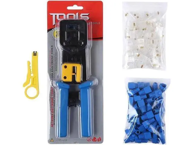 Alt view image 6 of 6 - RJ45 Crimp Tool Pass Through Cat5 Cat5e Cat6 Crimping Tool for RJ45/RJ12 Regular and End-Pass-Through Connectors with 50PCS CAT5 CAT5e Connectors, 50PCS Covers and Mini Wire Stripper