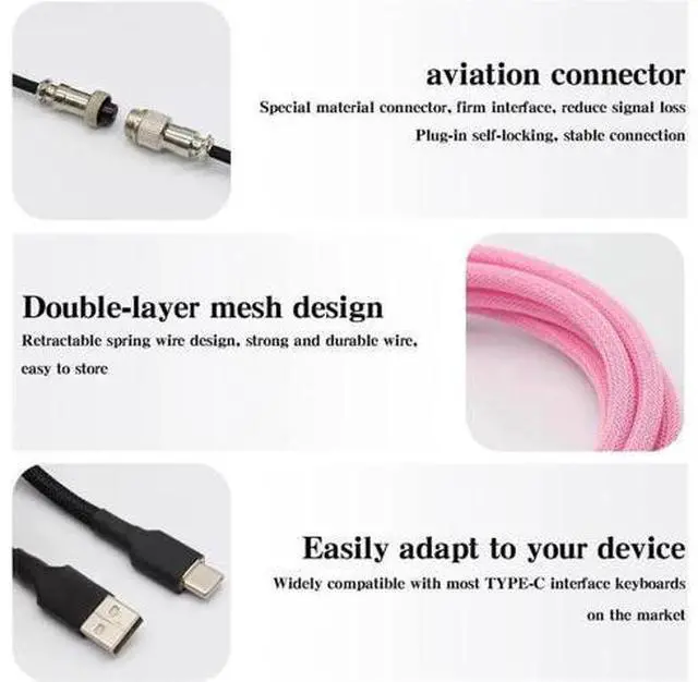 Alt view image 2 of 3 - Aomoproing Coiled Keyboard Cable for Gaming Mechanical Keyboard, Handwork Braided + PET Mesh, Metal Plug, with Detachable Metal Aviator Connector, 3 Meters USB C Aviator Cable (Pink)