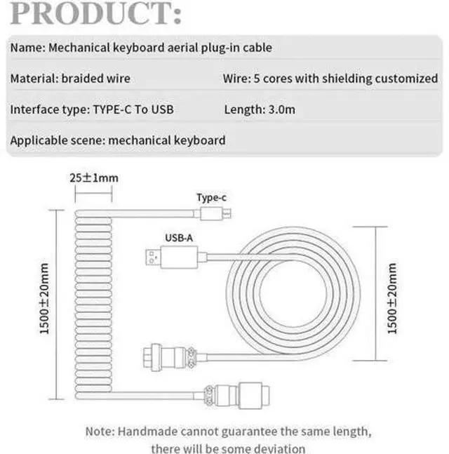 Alt view image 3 of 3 - Aomoproing Coiled Keyboard Cable for Gaming Mechanical Keyboard, Handwork Braided + PET Mesh, Metal Plug, with Detachable Metal Aviator Connector, 3 Meters USB C Aviator Cable (Pink)