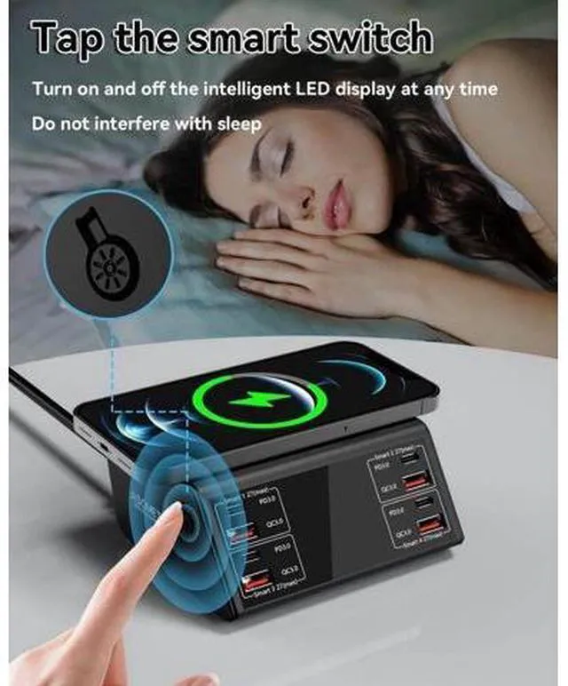 Alt view image 2 of 7 - USB Charger, 100W 8 Port Multiple USB Charging Station with 4 Quick Charge 3.0, 4 USB C PD Port, Wireless Charger, LCD Display Fast USB Charging Hub for i-Phone 13 12 i-Pad Sam-sung and More