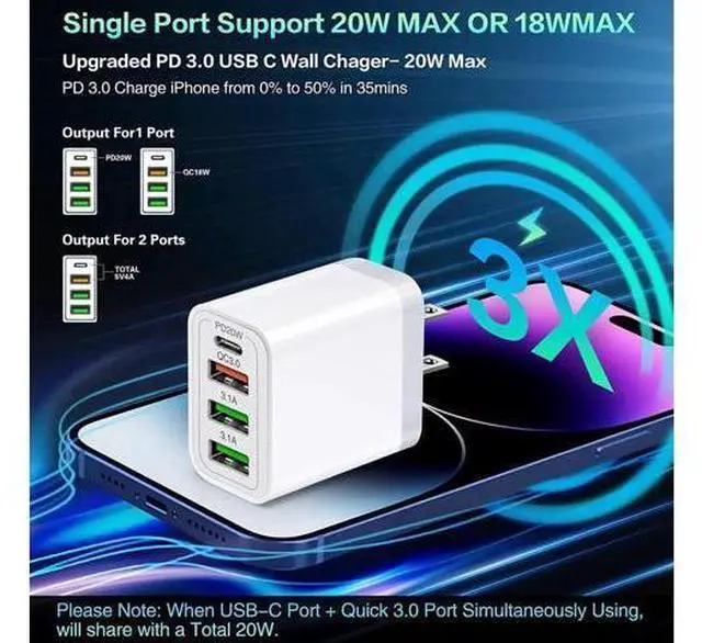 Alt view image 2 of 14 - 35W USB C Fast Charger, 4-Pack 4-Port PD Type C+ Quick 3.0 USB A Wall Charger Block Compatible for i-P-h-o-n-e 12/13/14 /Pro Max, XS/XR/X, Pad Pro, S-a-m-s-u-n-g Galaxy, M-o-t-o, Tablet, and More