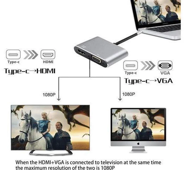 Alt view image 5 of 7 - Werleo USB C to HDMI 4K VGA Adapter USB 3.1 Type C to VGA HDMI UHD Video Converter Adaptor for 2018 iPad Pro / MacBook Pro / Chromebook / Lenovo 900 / Dell XPS / Samsung Galaxy S8 S9 No Driver