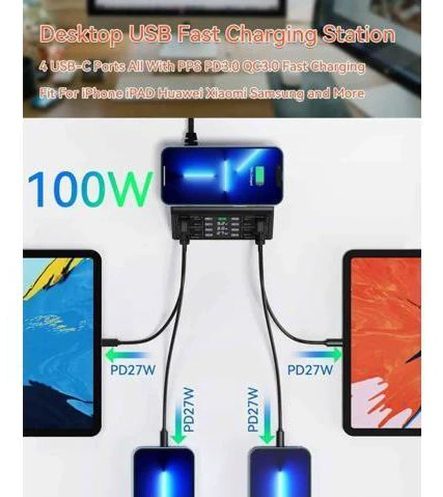 Alt view image 4 of 7 - USB Charger, 100W 8 Port Multiple USB Charging Station with 4 Quick Charge 3.0, 4 USB C PD Port, Wireless Charger, LCD Display Fast USB Charging Hub for i-Phone 13 12 i-Pad Sam-sung and More