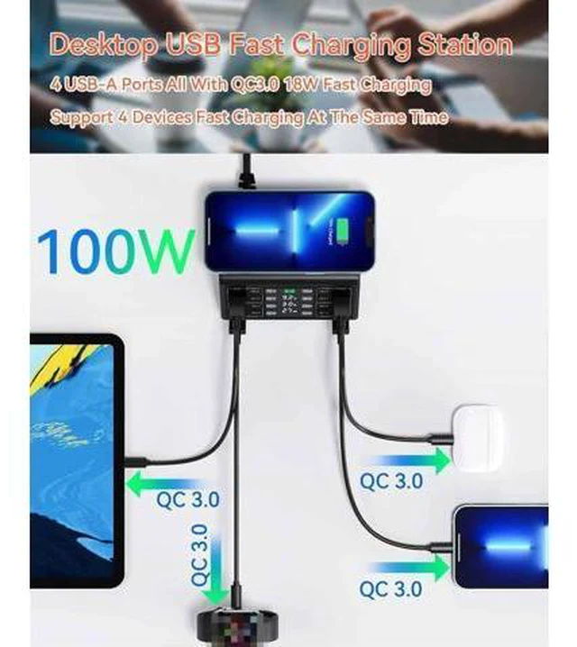Alt view image 6 of 7 - USB Charger, 100W 8 Port Multiple USB Charging Station with 4 Quick Charge 3.0, 4 USB C PD Port, Wireless Charger, LCD Display Fast USB Charging Hub for i-Phone 13 12 i-Pad Sam-sung and More