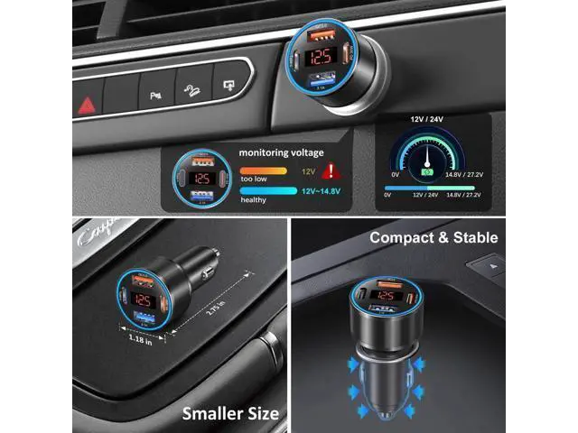 Alt view image 4 of 7 - 3 Pack USB C Car Charger, 4-Port 65W Dual 12V USB-A & USBC Cigarette Lighter Adapter Plug with Voltmeter PD/QC 3.0 Fast Charging Car Phone Charger for iPhone 16e 15 14 13 12 11 Pro Max, Android