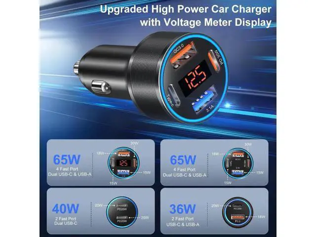 Alt view image 5 of 7 - 3 Pack USB C Car Charger, 4-Port 65W Dual 12V USB-A & USBC Cigarette Lighter Adapter Plug with Voltmeter PD/QC 3.0 Fast Charging Car Phone Charger for iPhone 16e 15 14 13 12 11 Pro Max, Android