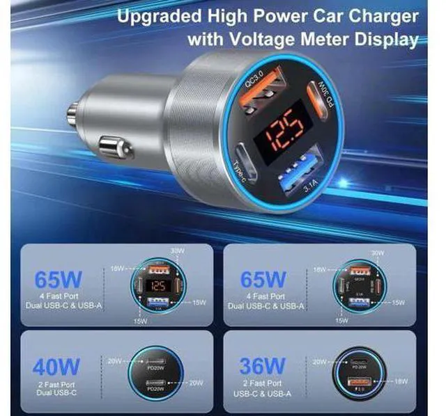 Alt view image 2 of 14 - USB C Car Charger with Voltage Display, 3 Pack 65W Super Fast Charging Car Phone Charger Dual USB-A & USBC Cargador Carro Cigarette Lighter Adapter Volt Meter for iPhone,Samsung,Tablet,Android