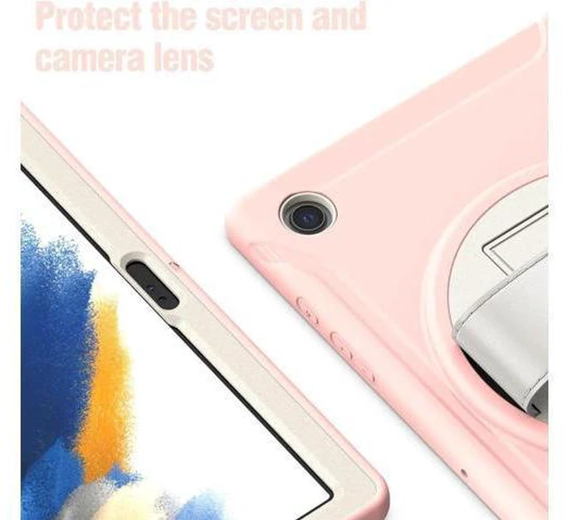 Alt view image 6 of 7 - Galaxy Tab A8 Case 10.5 Inch 2022 (SM-X200/X205/X207), Rugged Heavy Duty Shockproof Case with Hand Strap Rotating Kickstand Protective Cover Case for 10.5" Galaxy Tab A8 2022 Pink