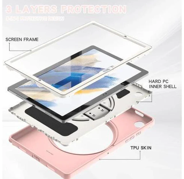 Alt view image 7 of 7 - Galaxy Tab A8 Case 10.5 Inch 2022 (SM-X200/X205/X207), Rugged Heavy Duty Shockproof Case with Hand Strap Rotating Kickstand Protective Cover Case for 10.5" Galaxy Tab A8 2022 Pink
