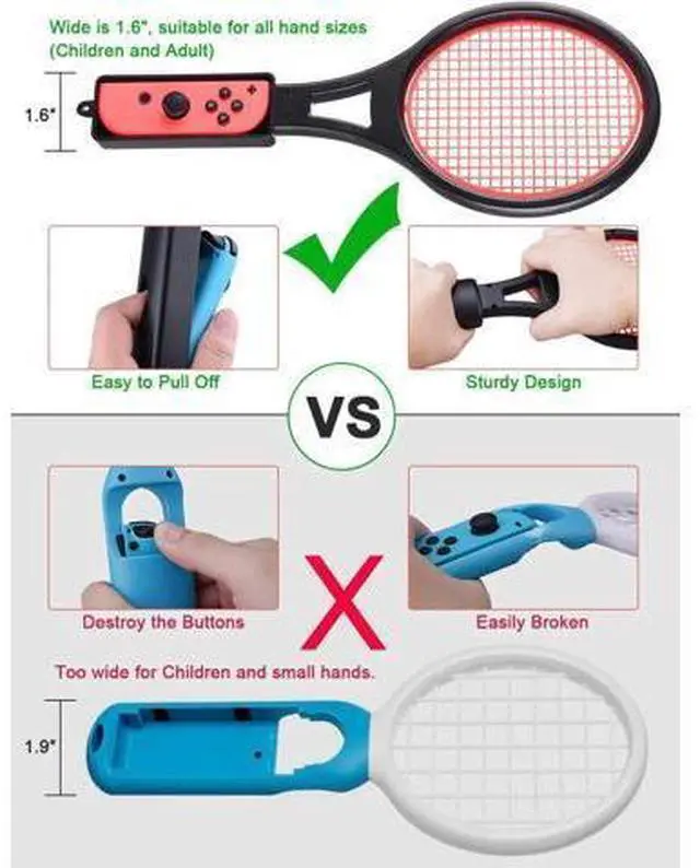 Alt view image 4 of 7 - Tennis Racket for Nintendo Switch Joy-Con Tendak Game Accessories for Mario Tennis Aces Game with 12 in 1 Game Card Case - 2 Pack Black + Red