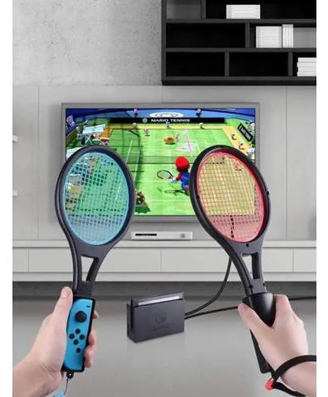 Alt view image 6 of 7 - Tennis Racket for Nintendo Switch Joy-Con Tendak Game Accessories for Mario Tennis Aces Game with 12 in 1 Game Card Case - 2 Pack Black + Red