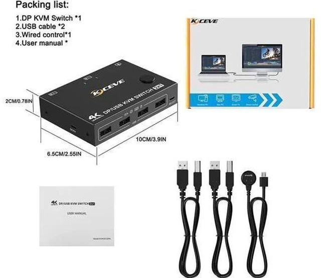 Main image of 2 Port Display Port KVM DP Switch 2 in 1 Out, DisplayPort KVM Switcher Support 4K @60Hz Control Up to 2 Computers for Share Keyboard, Mouse, Monitor