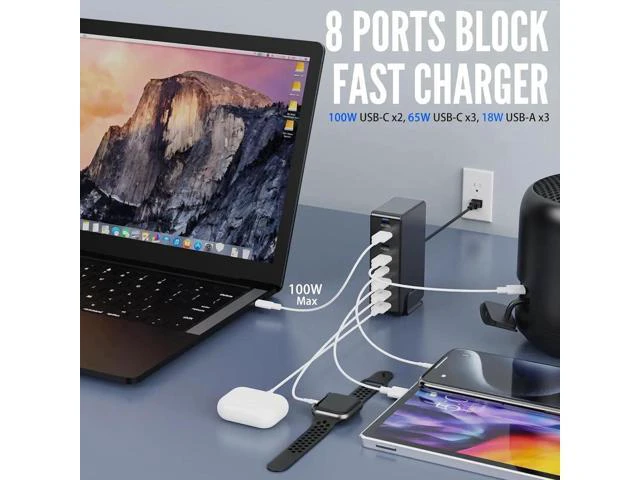 Alt view image 2 of 14 - 8 Ports USB Charging Station for Multiple Device 440W, GAN3 USB C Charger Block, Dual PD 100W Laptop Charger Hub 8 Ports USB Charger Block Compatible with MacBook Pro/Air i-Phone/Galaxy
