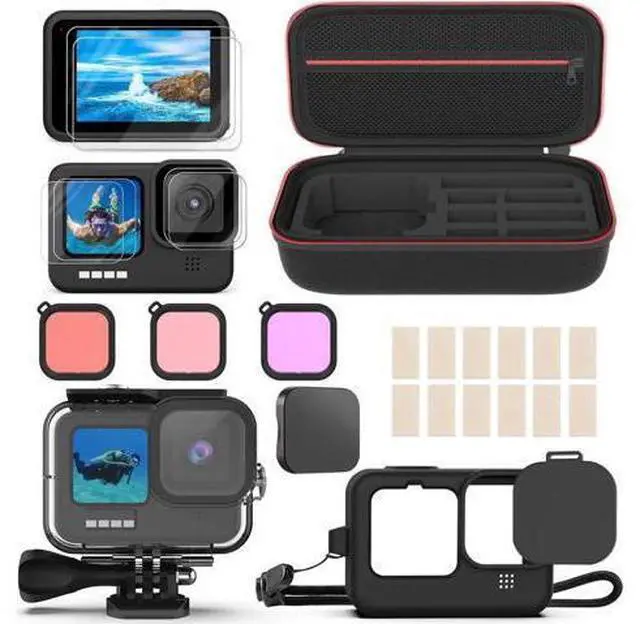 Main image of Accessories Kit for GoPro Hero 12 / Hero 10 / Hero 11 / Hero 9, Shockproof Small Carry Bag + Waterproof Housing Case + Tempered Glass Screen Protector + Silicone Cover + Snorkel Filter Bundle
