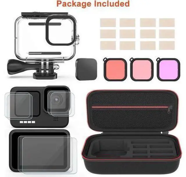 Alt view image 4 of 7 - Accessories Kit for GoPro Hero 12 / Hero 10 / Hero 11 / Hero 9, Shockproof Small Carry Bag + Waterproof Housing Case + Tempered Glass Screen Protector + Silicone Cover + Snorkel Filter Bundle
