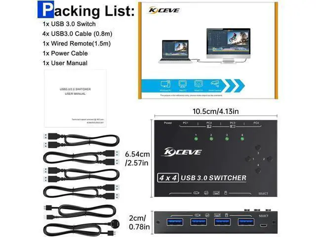 Alt view image 4 of 7 - 4 x4 USB 3.0 Switch 4 Computers, 4 Port USB Switch Selector Sharing 4 USB Devices,Keyboard Mouse Switch,USB Switcher Compatible with Mac/Windows/Linux,Wired Remote and 4 USB 3.0 Cable Included