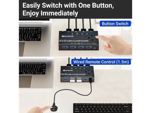 Alt view image 7 of 7 - 4 x4 USB 3.0 Switch 4 Computers, 4 Port USB Switch Selector Sharing 4 USB Devices,Keyboard Mouse Switch,USB Switcher Compatible with Mac/Windows/Linux,Wired Remote and 4 USB 3.0 Cable Included